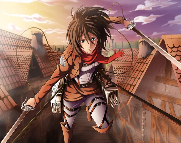 Anime mooi meisje op het dak buiten (Mikasa Ackerman)