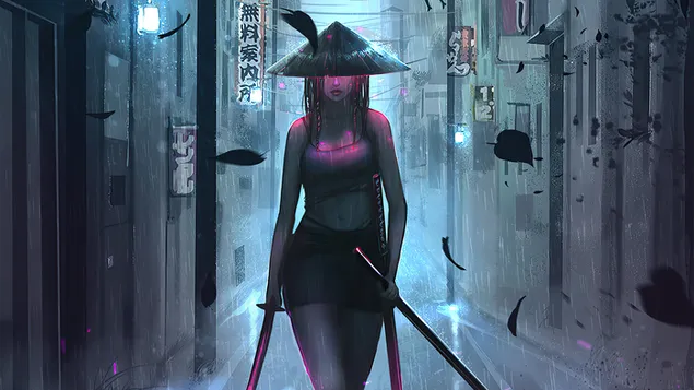 サムライ ハットと剣を持って歩くアニメ美少女 4K 壁紙