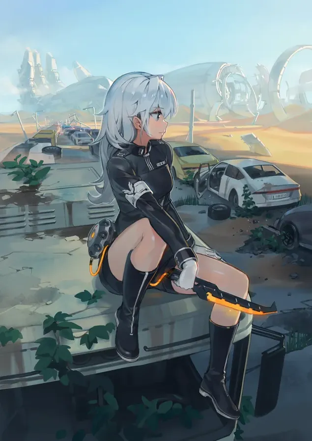 Аниме красивая девушка с белыми волосами, держащая нож в черном платье, сидит в автобусе возле старых машин 2K обои