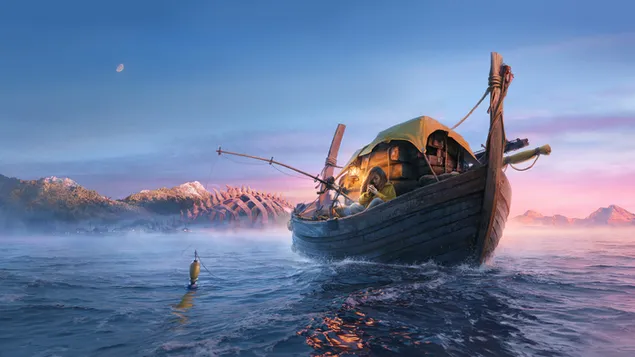 أنيمي، المرأة الجميلة، عن، السفينة الخشبية، بالقرب، البحر، ب، الجبال الثلجية، ليل at، منظر القمر 4K خلفية