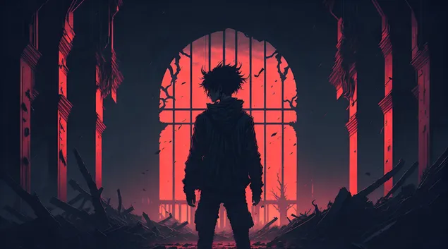 anime boy desktop, tema anime zi dhe kuqe, djali ne ndertese te braktisur shkarkim