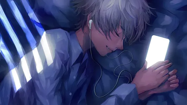 Animedreng sover, mens han hører musik