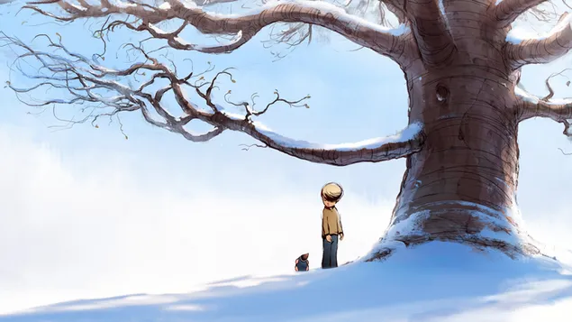 Chico anime mirando el paisaje bajo el árbol de la película animada The Boy, the Mole, the Fox and the Horse