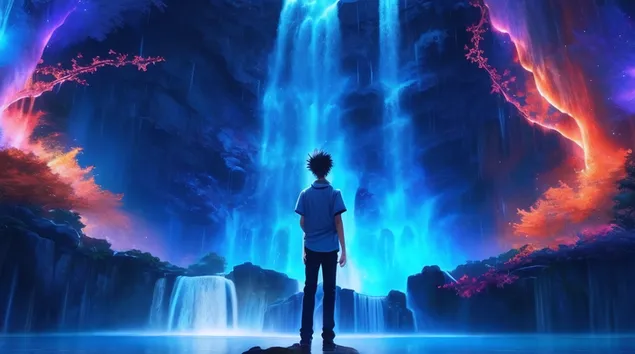 מפל אנימה ילד, ילד לבד, תצוגת טבע מפל, שולחן עבודה 4K טפט