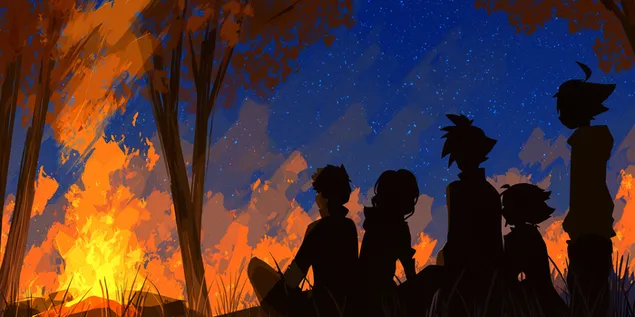 애니메이션 캠프파이어 선셋 2K 배경화면