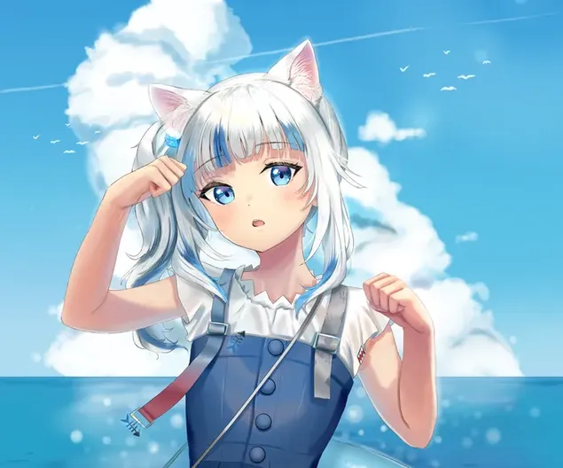 Anime - Cat girl with blue eyes and sky background download