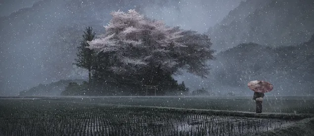 Anime character and anime landscape holding umbrella in snowy weather 4K wallpaper