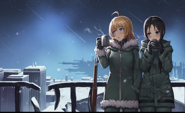 Gadis karakter anime mengenakan mantel mereka di musim dingin yang dingin, melakukan pemanasan dengan minum teh unduhan