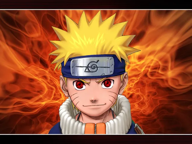 Anime character Naruto with blond hair, red eyes and a blue and white suit in front of a fire background