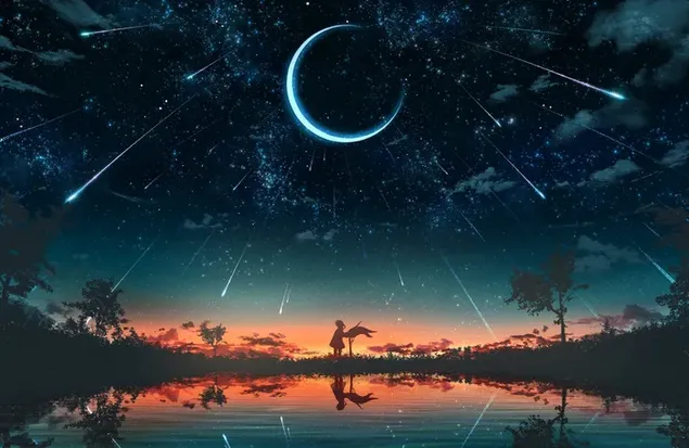 Personaje de anime reflejado en el agua por la noche en un paisaje fascinante de estrellas fugaces y eclipse lunar