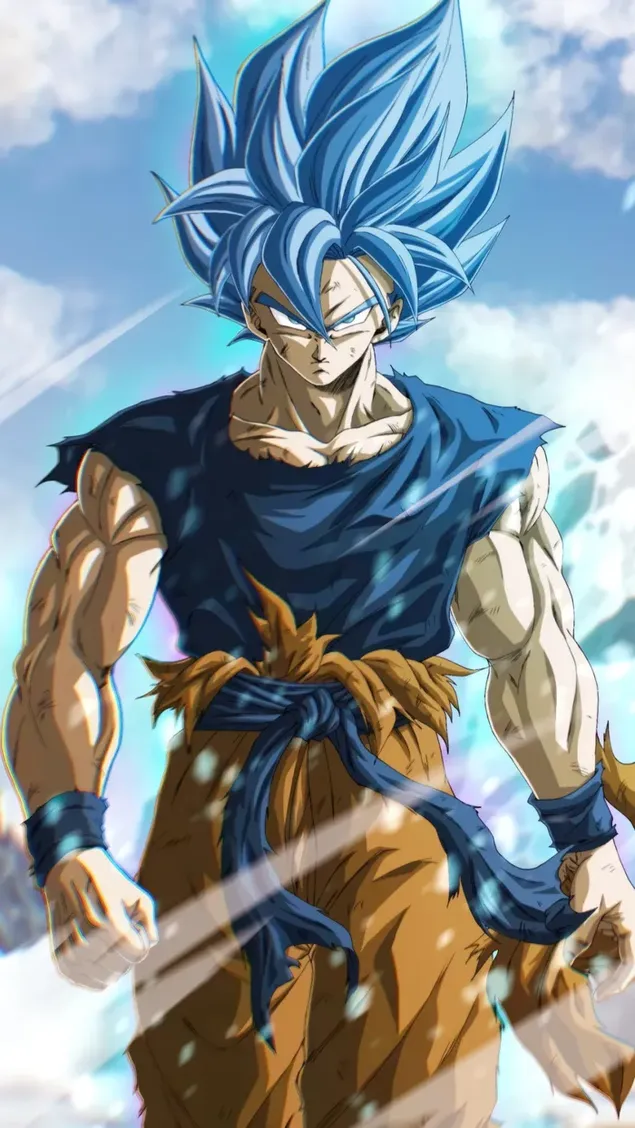 Personaje de anime Son Goku con cabello azul, cuerpo musculoso, pantalones marrones y ojos azules enojados