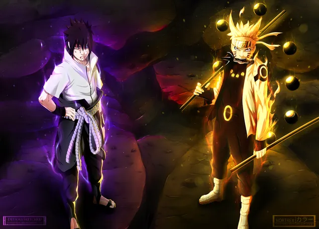 Anime-personages zijn blond, Naruto met een speer in een geel pak en Sasuke in een wit shirt met zwarte broek download