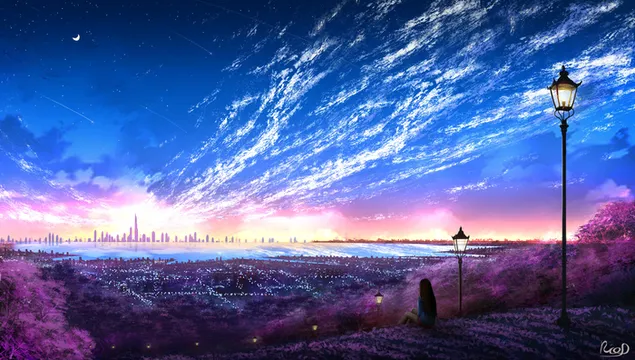 Anime city photo with blue and purple colors 4K wallpaper