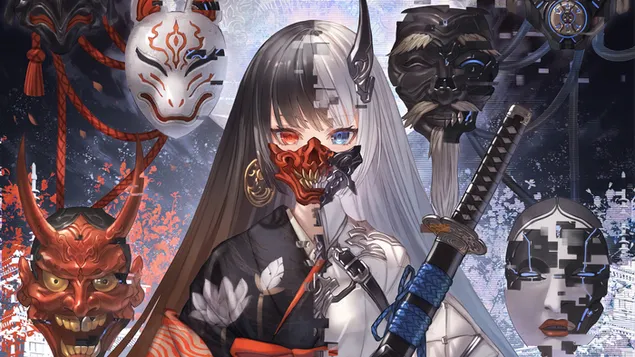 Anime Demon Girl Masked Warrior 4K wallpaper