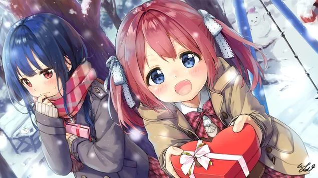 Anime - dos chicas en invierno con regalos.
