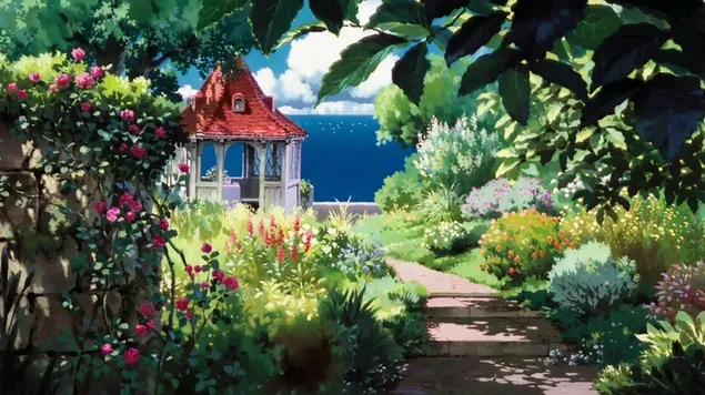 Anime - El hermoso jardín de Gina con un mirador junto al mar (Porco Rosso)