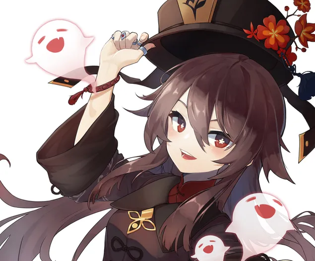 Аниме девушка каштановые волосы и глаза | Ху Тао (Удар Ганшин) 4K обои