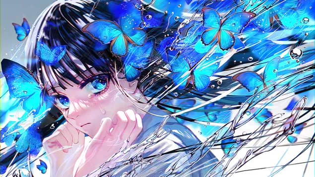 Anime pige sommerfugl 4K baggrundsbillede