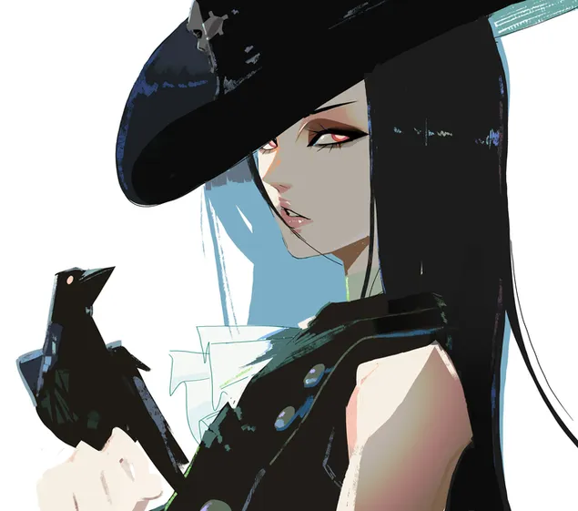 El personaje de la chica anime de la serie de videojuegos Culpable Gear posa con cabello largo negro, vestido negro y ojos rojos descargar
