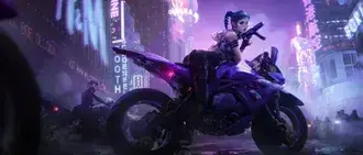 Tapeta Anime dívka postava drží zbraň na motorce v noci na ulici 4K