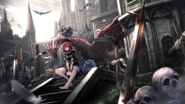 Аниме Гирл Фантаси Драгон & Лобања 4K позадина