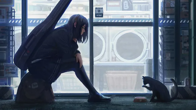 อะนิเมะสาวให้อาหารแมว 4K วอลเปเปอร์