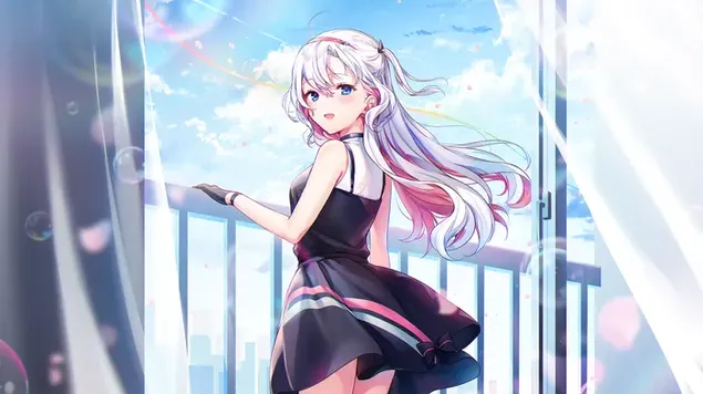 Аниме девојка осећа природни ветар из њеног прозора 4K позадина