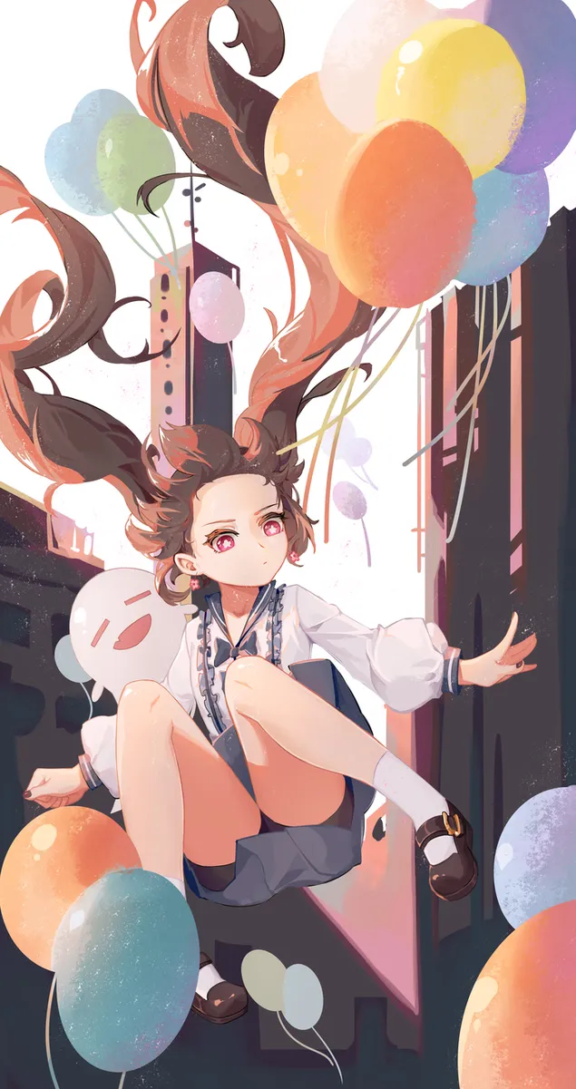 Havada balonlarla uçan Anime kız | Genshin Etkisi 2K duvar kağıdı