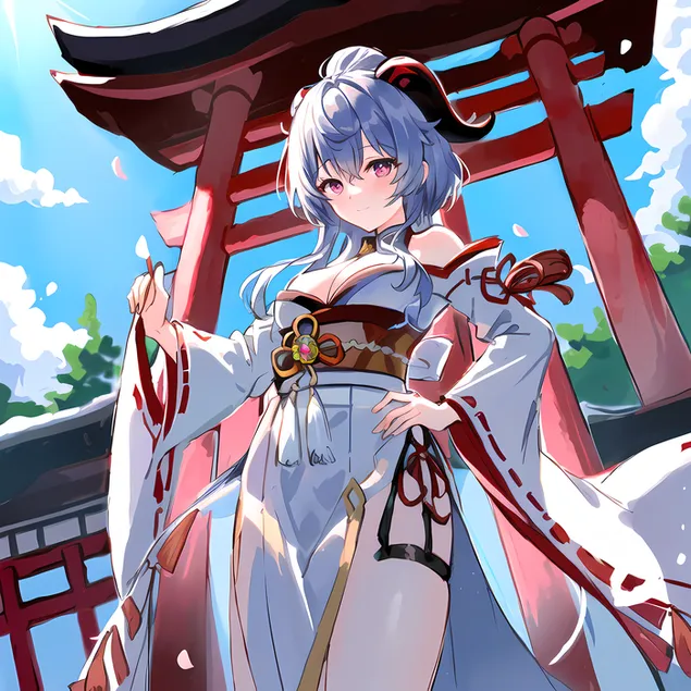 anime noia ganyu a la porta del temple | genshin impact baixada