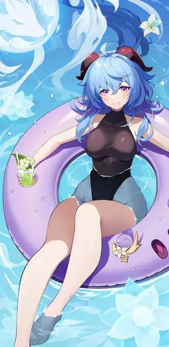 Chica anime Ganyu divirtiéndose en la piscina | Impacto Ganshin 2K fondo de pantalla