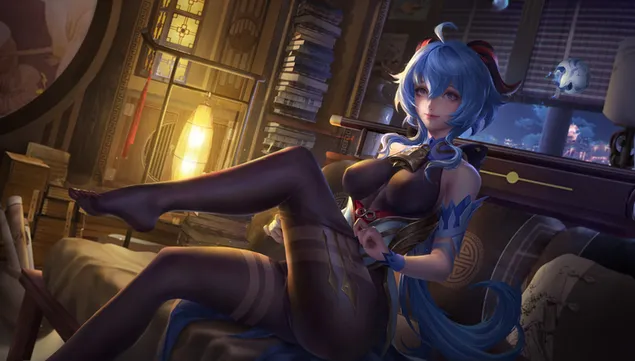 Девушка из аниме Ганью сидит одна у себя дома | Геншин Импакт HD обои