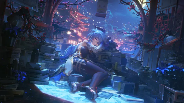 สาวการ์ตูน Ganyu ชะลอตัวลงเหนือกองหนังสือ | เก็นชิน อิมแพ็ค 4K วอลเปเปอร์