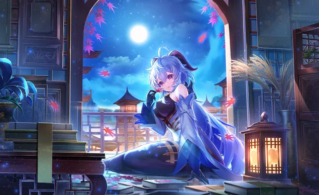 Anime meisje Ganyu kijkt naar de maan vanuit de kamer | Ganshin-effect download