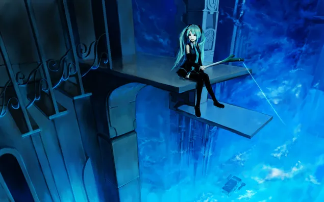 Hình nền Cô gái anime Hatsune Miku trong chiếc váy đen với mái tóc màu ngọc lam 2K