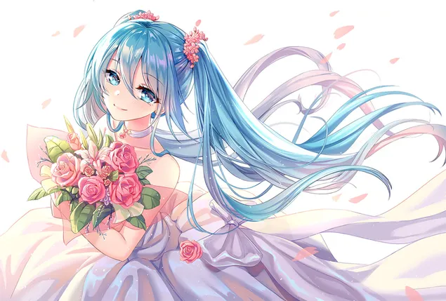 花でポーズをとるアニメの女の子初音ミク ダウンロード