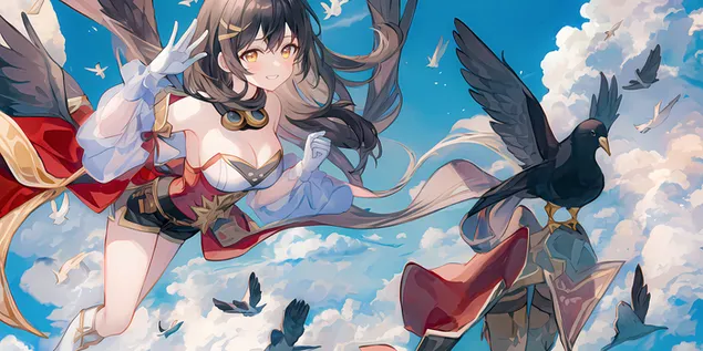 Anime flicka Hu Tao flyga som en fågel | Ganshin Impact 4K bakgrund