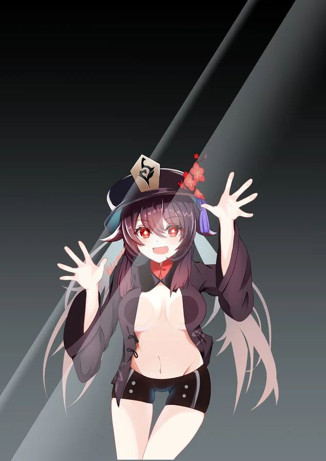 Anime dekle Hu Tao te opazuje iz ogledala | Ganshin Impact 4K ozadje