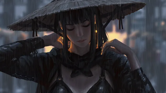 Anime girl in black dress with straw hat in rainy weather in front of blurry background download