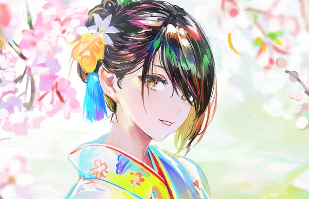 Ragazza anime in foto vista fiore con capelli raccolti occhi nocciola e vestito colorato 4K sfondo