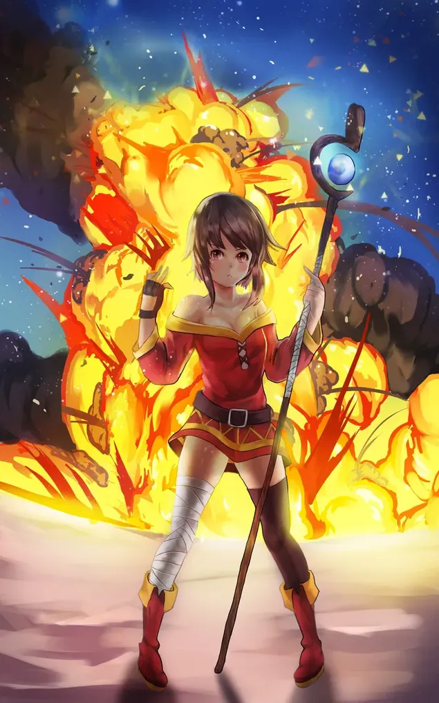 anime djevojka u crvenoj mini haljini drzi koplje u podrucju eksplozije preuzmi