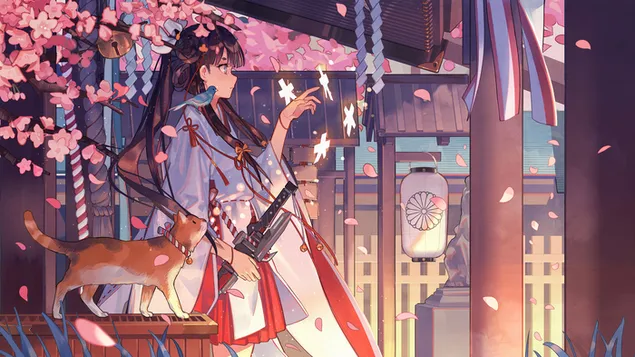 Anime Girl Kimono Cat Art download
