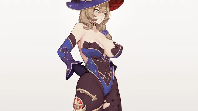 動漫女孩麗莎穿著女巫莫娜的服裝| 原神衝擊 2K 壁紙