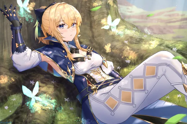 Anime girl Lumine slowing down over tree | Genshin Impact  2K wallpaper