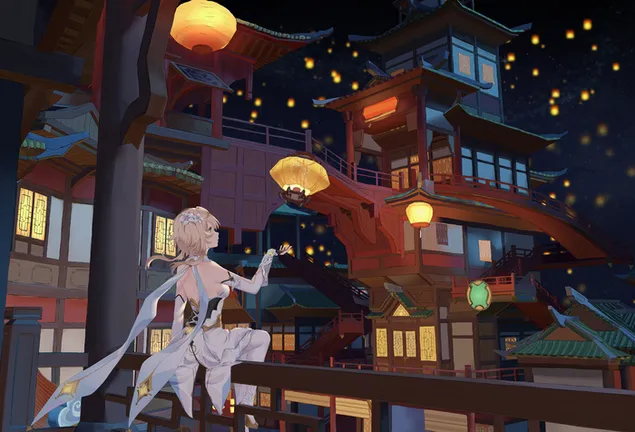 Anime kızı Lumine gece yıldızı izliyor | Ganshin Etkisi 6K duvar kağıdı