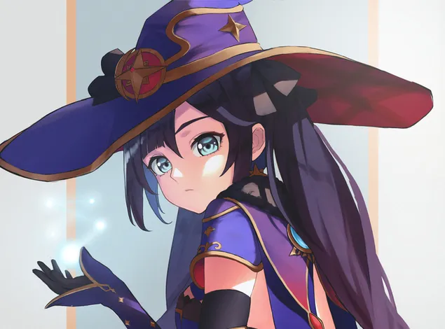 Páipéar balla Cailín Anime Mona súile glas go leor | Tionchar Genshin2K