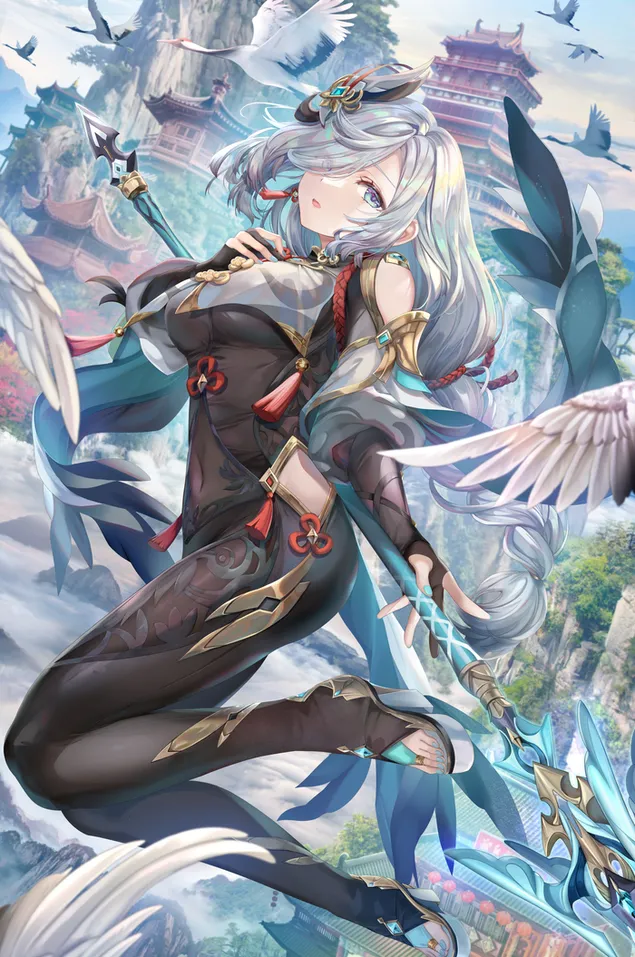 Páipéar balla Cailín anime Ningguang os comhair teampall Genshin | Tionchar Genshin2K