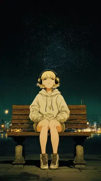 anime-devushka na skameyke pod nochnym nebom zvyozdnogo goroda skachat'