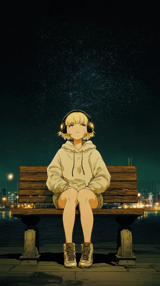 נערת אנימה על ספסל תחת שמי לילה זרועי כוכבים HD טפט