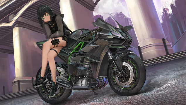 Anime mergina pozuoja ant Kawasaki dviračio atsisiųsti