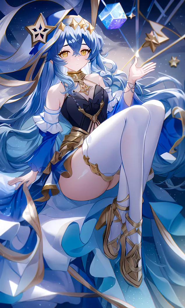 anime girl pretty golden eyes & long blue hairs | genshin impact  download